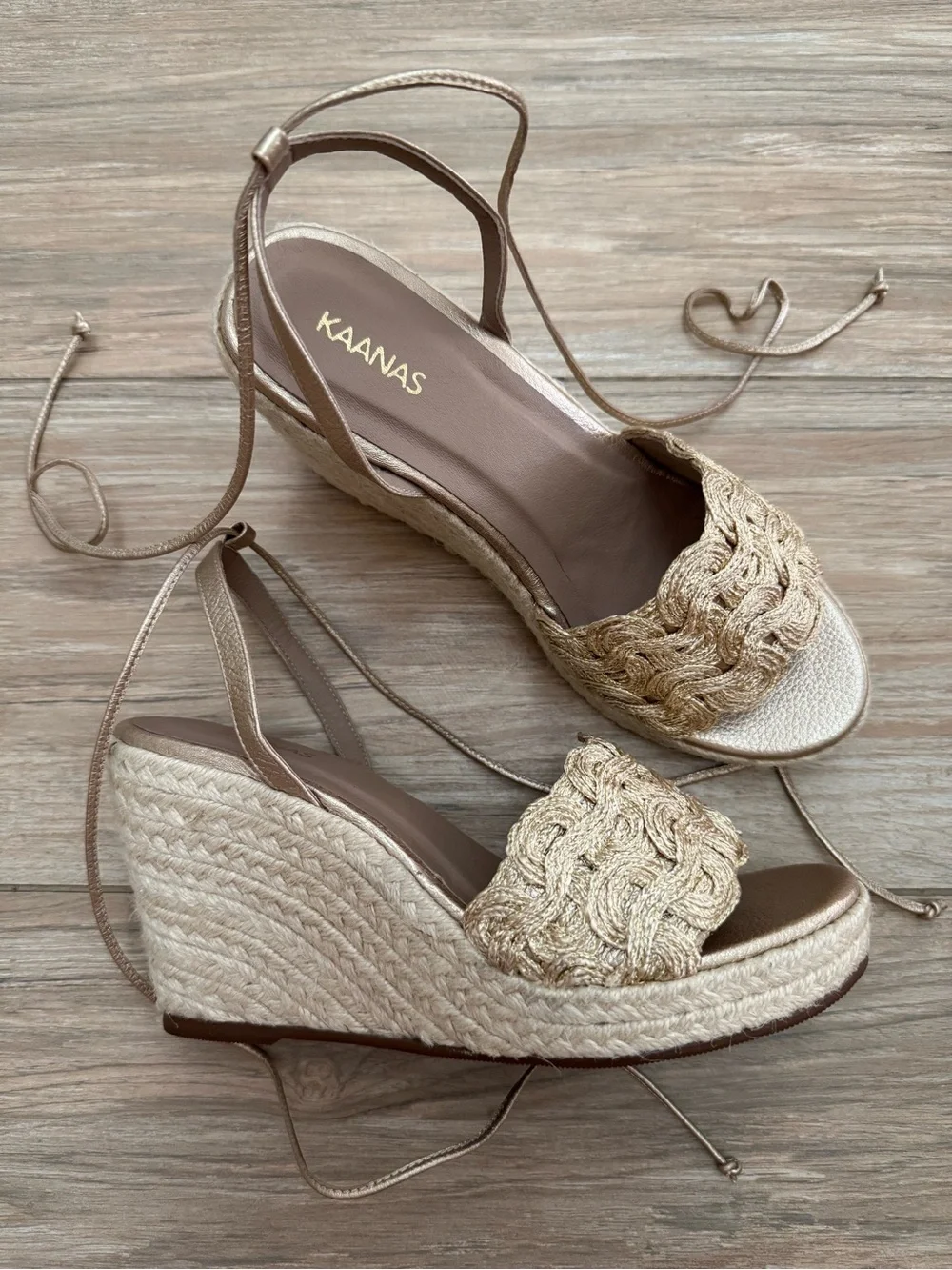 Kaanas Eve Gold Braided Espadrille Wedges with Ankle Wrap Size 8